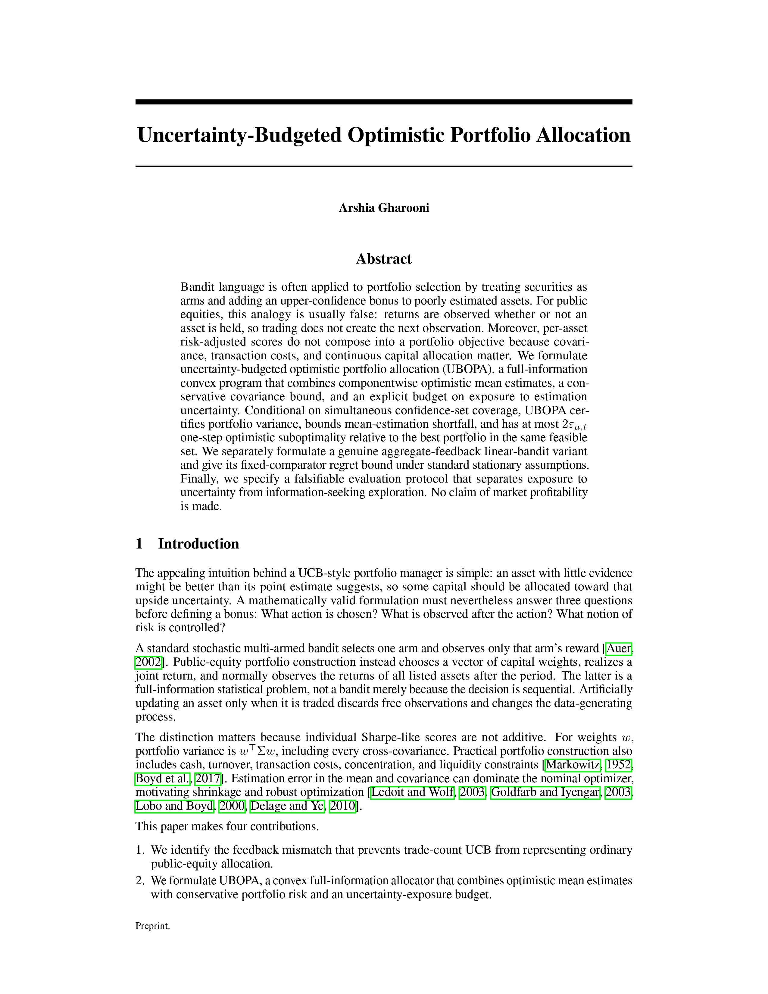 UBOPA: Uncertainty-Budgeted Optimistic Portfolio Allocation